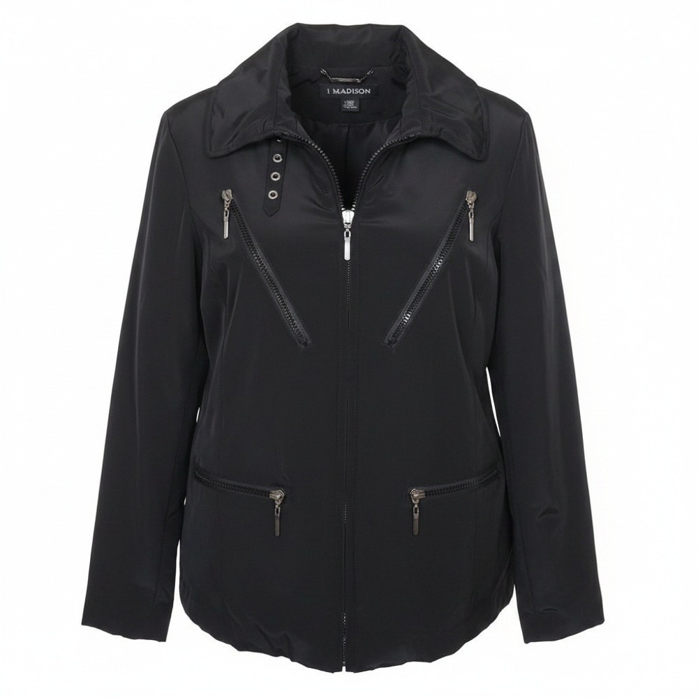 1 Madison Fur Lining Mobwife Minimalist Zip Up Black Jacket Coat Size Large